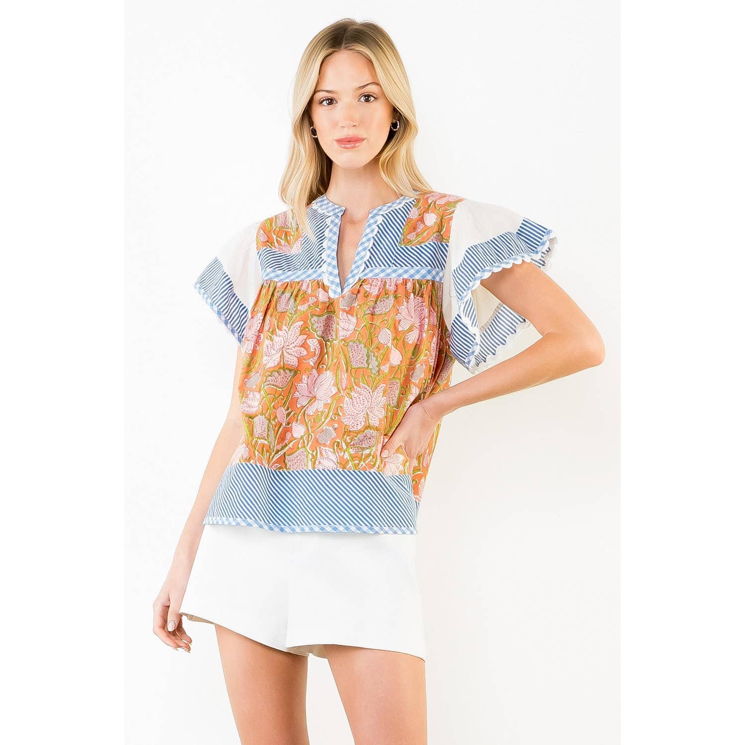 McKenna - Flowy Sleeve Mixed Media V-Neck Top
