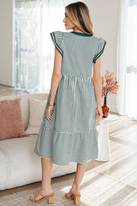 Yessica - Green Stripe Double Ruffled Short Sleeve Midi Dress