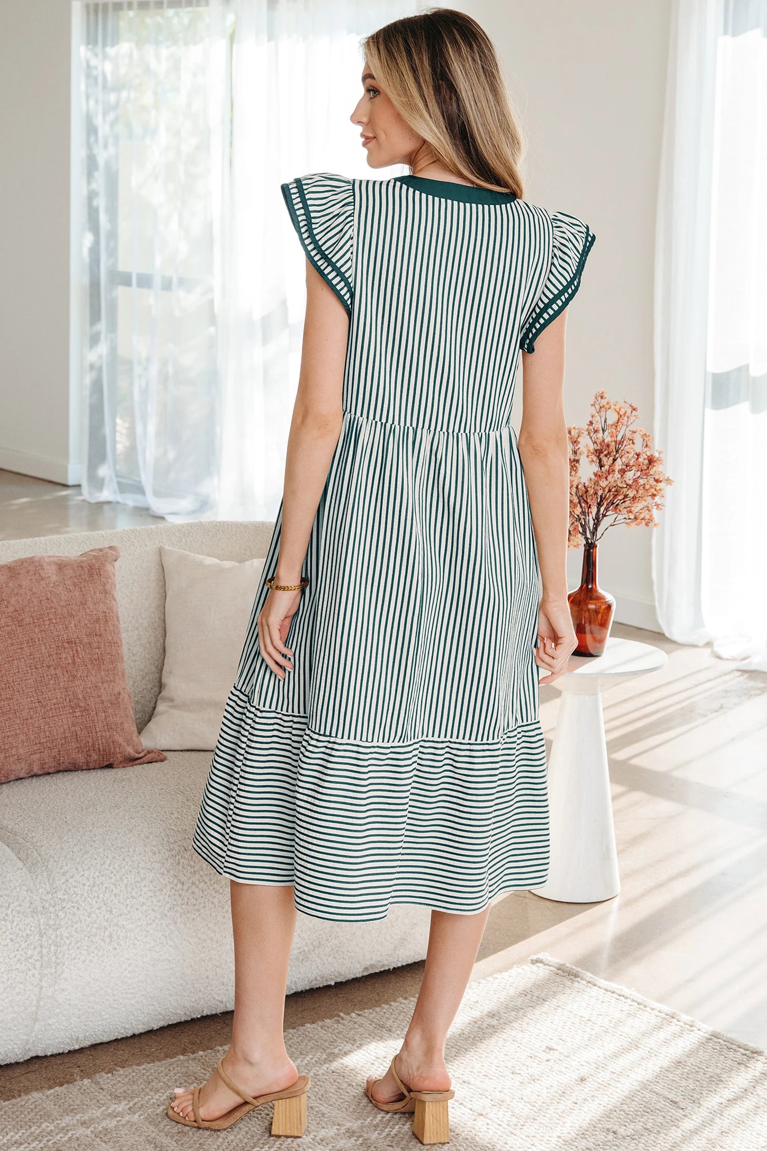 Yessica - Green Stripe Double Ruffled Short Sleeve Midi Dress