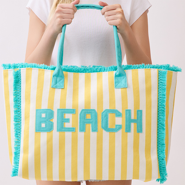 Striped Embroidered Beach letter Terry Cloth Frayed Tote Yellow