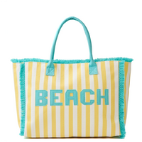 Striped Embroidered Beach letter Terry Cloth Frayed Tote Yellow