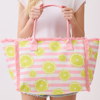Lemon Stripe Fringe Tote Pink