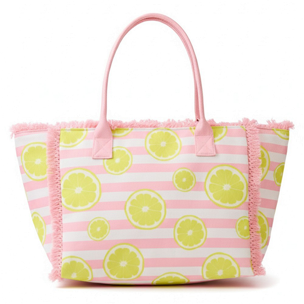 Lemon Stripe Fringe Tote Pink