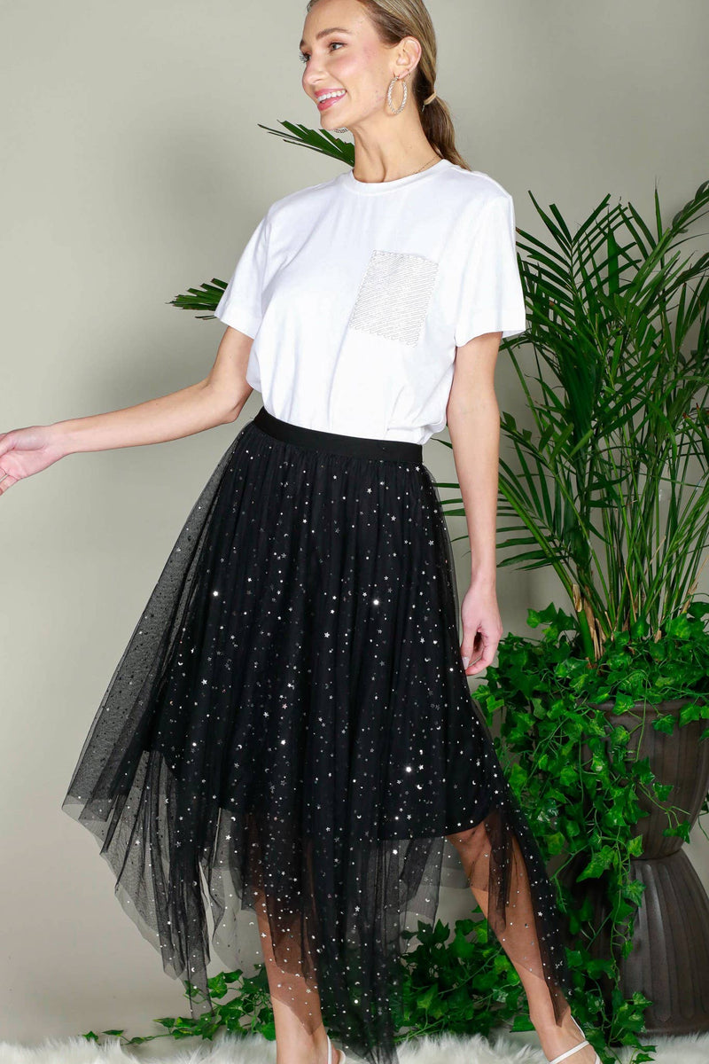 Heather Star Foil Mesh Midi Skirt