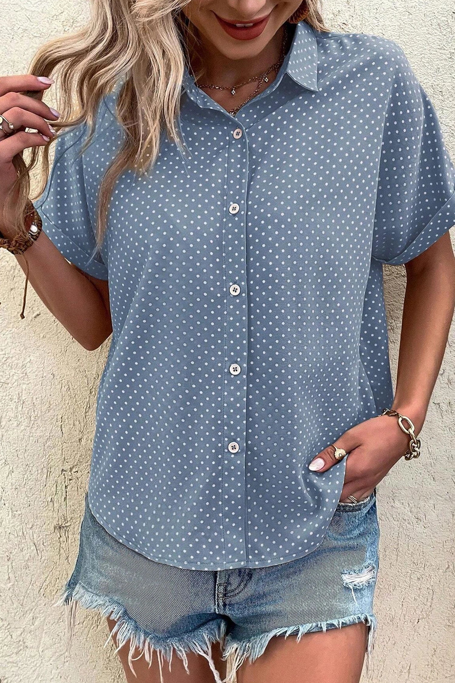 Emy - Dotted Print Cuffed Short Sleeve Shirt