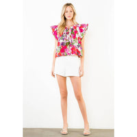 Gia - Floral Print Pintuck Top with Bow Detail - add matching skirt for 1/2 off with code GIA