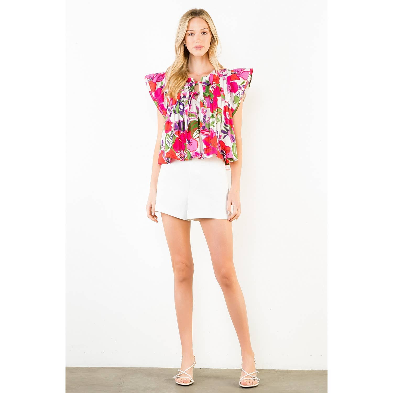 Gia - Floral Print Pintuck Top with Bow Detail - add matching skirt for 1/2 off with code GIA