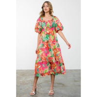 Massey - Puff Sleeve Floral Print Midi Dress
