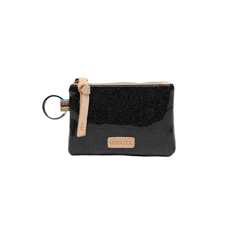 Black glittery pouch with a beige strap on a white background