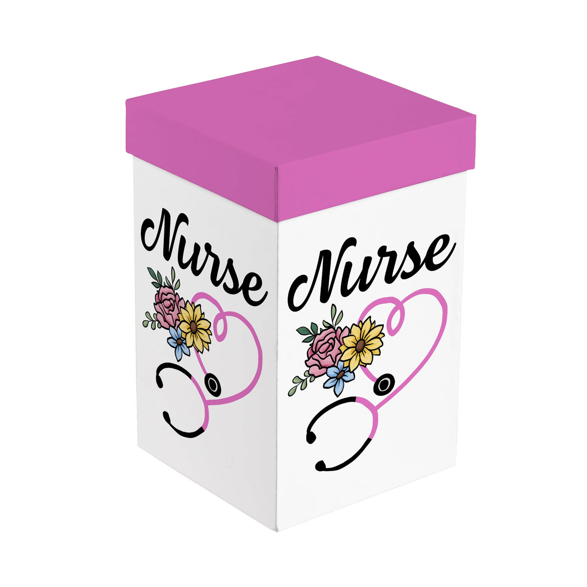 White and magenta nurse gift box printed with Nurse script and pink heart stethoscope artwork