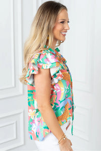 Marcey - Green Frilly Ruffle Tie Split Neck Summer Floral Blouse