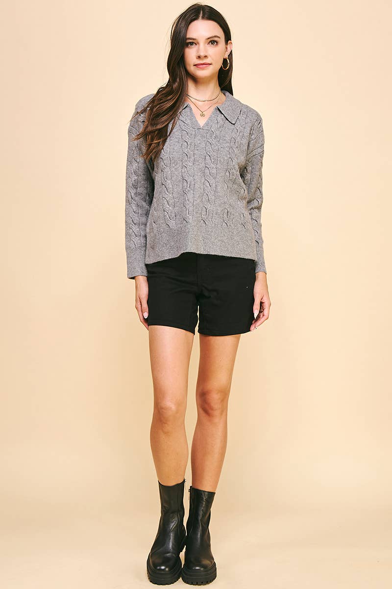Beatrice- CABLE KNIT COLLARED SWEATER TOP - HEATHER GREY
