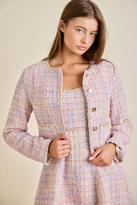 Sloane - Pastel Sequin Braid Detailed Round Neck Tweed Jacket & Mini Dress Set