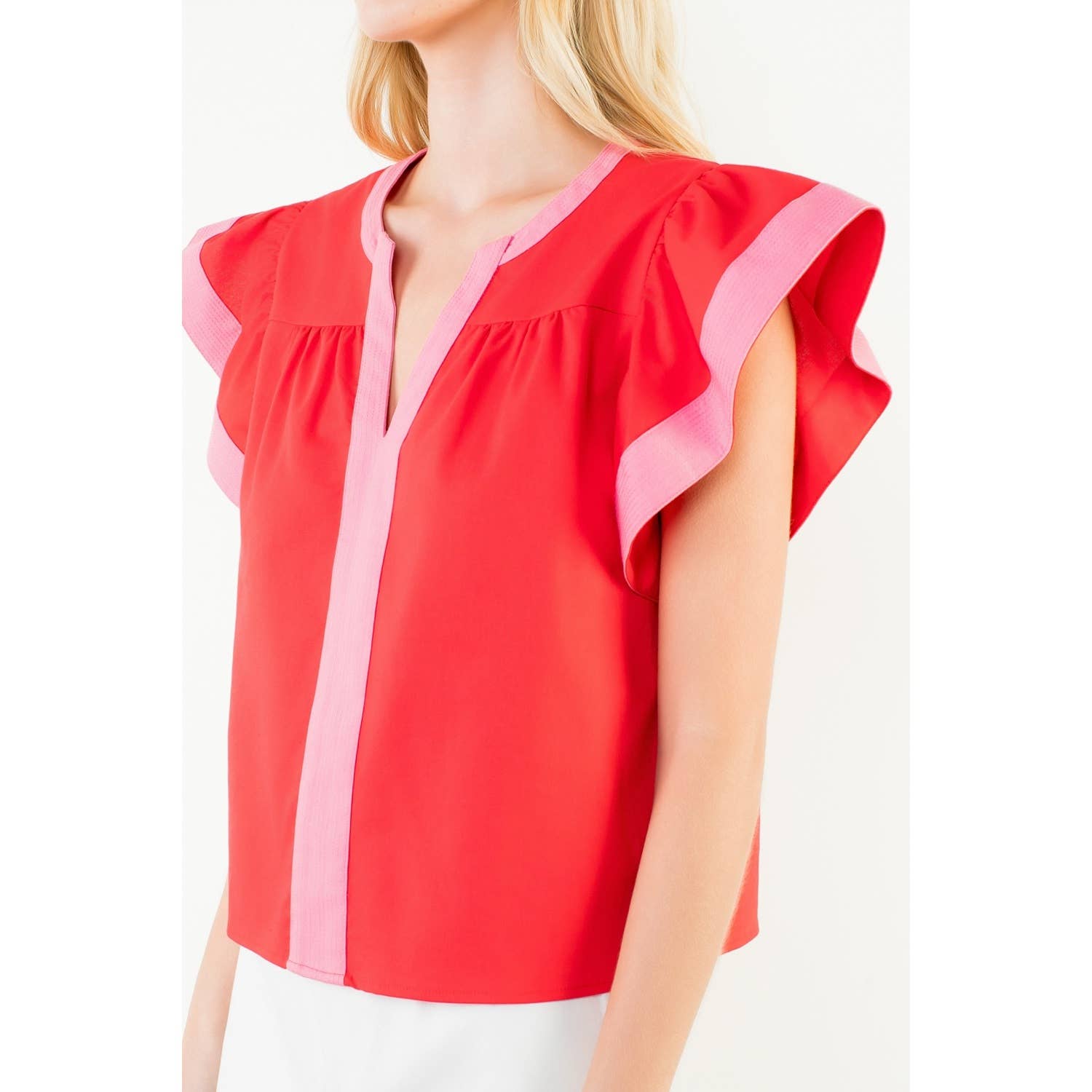 Rachel - Flutter Sleeve Contrast Trim V-Neck Top