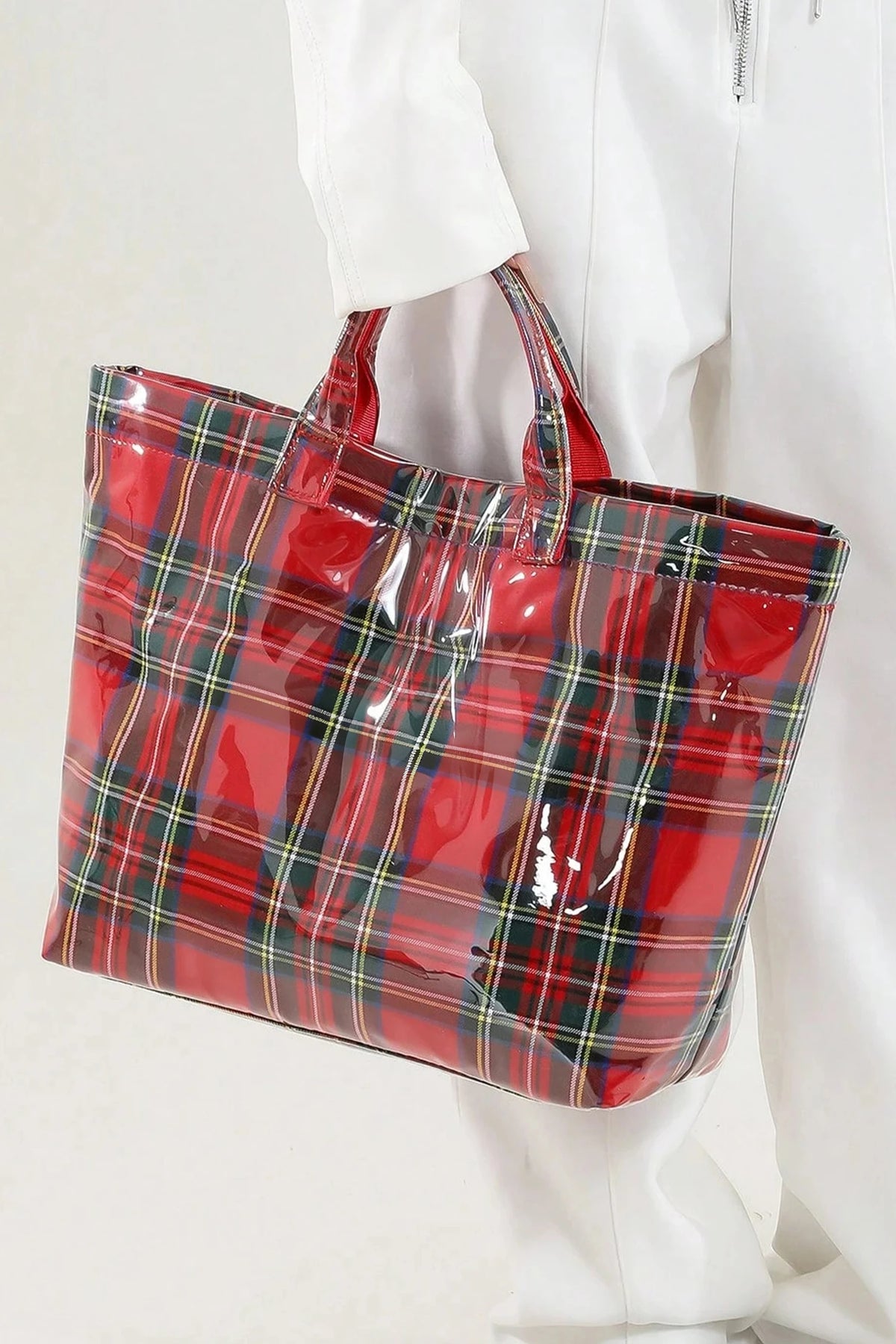 Red Plaid Glossy Waterproof Tote Bag - Large Shoulder Tote for Work, Travel & Holiday