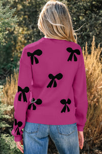 Leana- Bright Pink Pearl Embellished Bow Pattern Loose Sweater