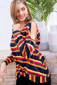 Sally - Multi Print Twist Front Cold Shoulder Knit Top