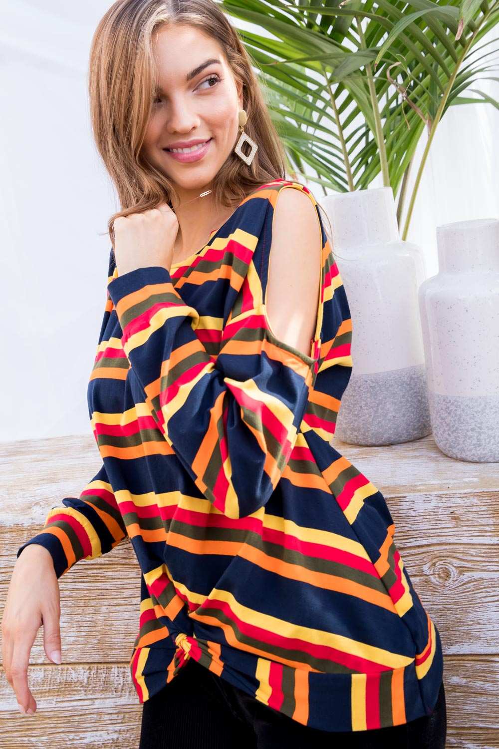 Sally - Multi Print Twist Front Cold Shoulder Knit Top