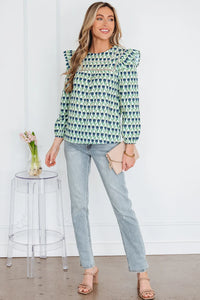 FREYA - Green Floral Round Neck Lace Ruffle Puff Sleeve Blouse