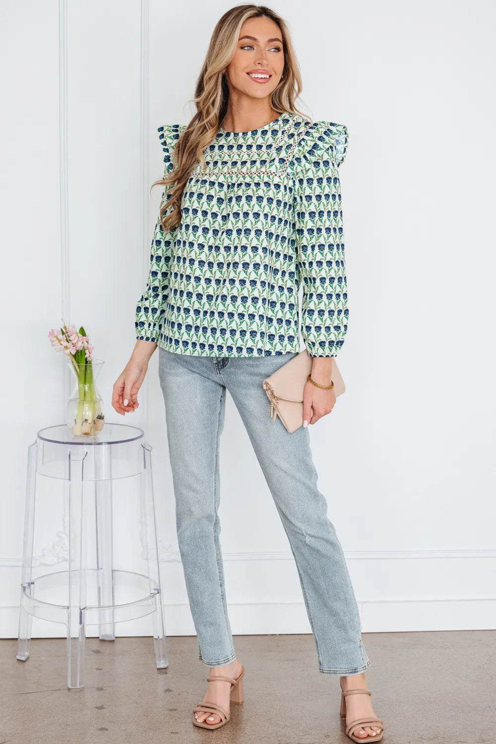 FREYA - Green Floral Round Neck Lace Ruffle Puff Sleeve Blouse