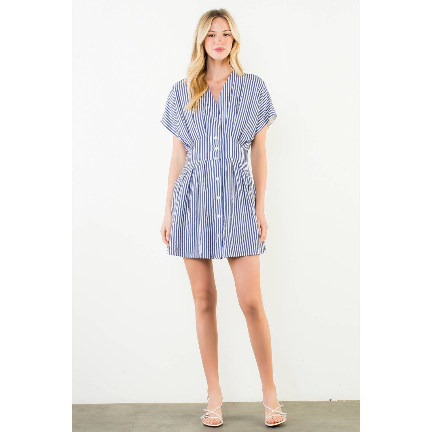 Kourtney-Short Sleeve Striped Button Down Dress