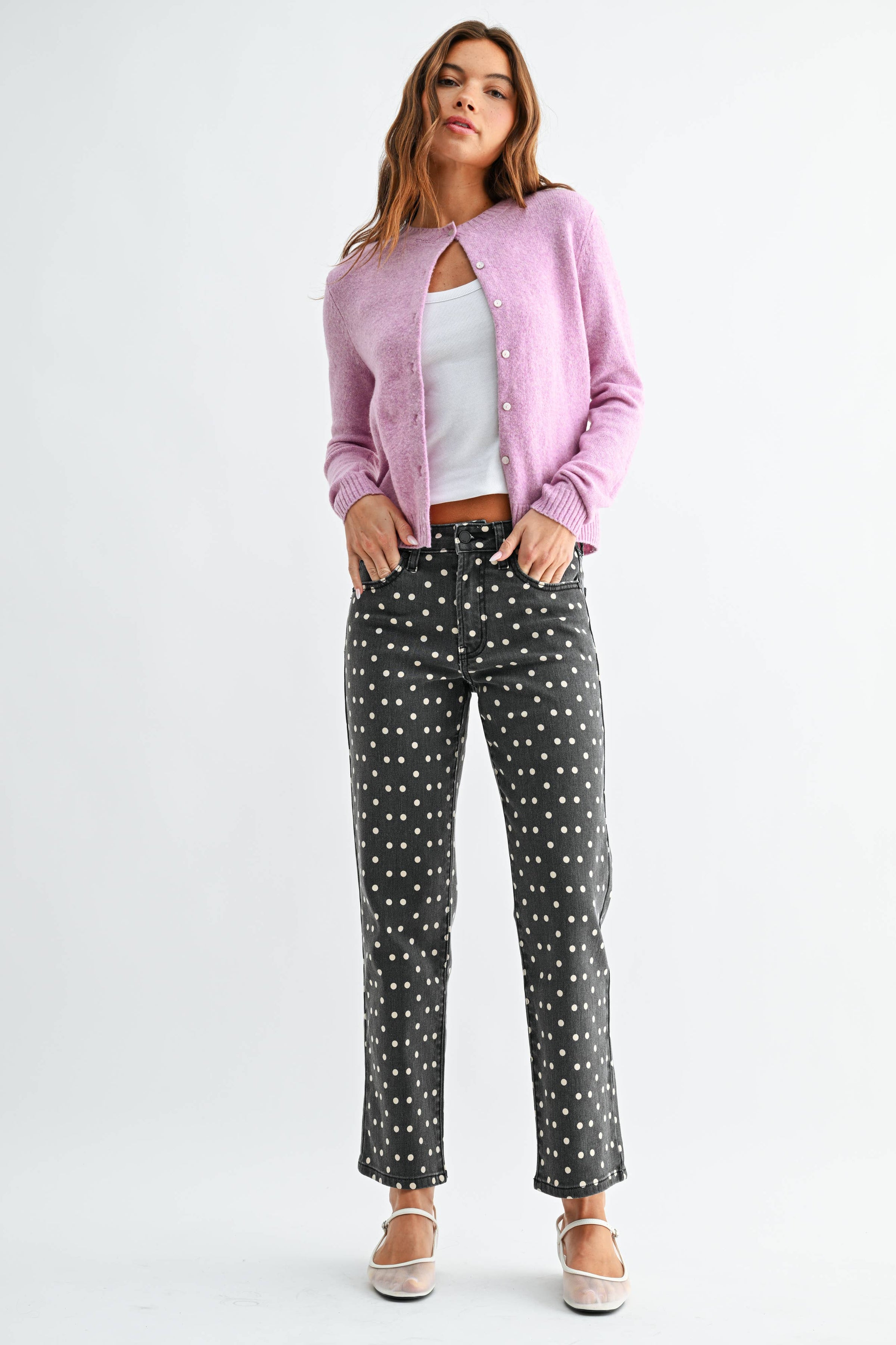 Bonnie - Black Polka Dot Vintage High Rise Straight Jeans