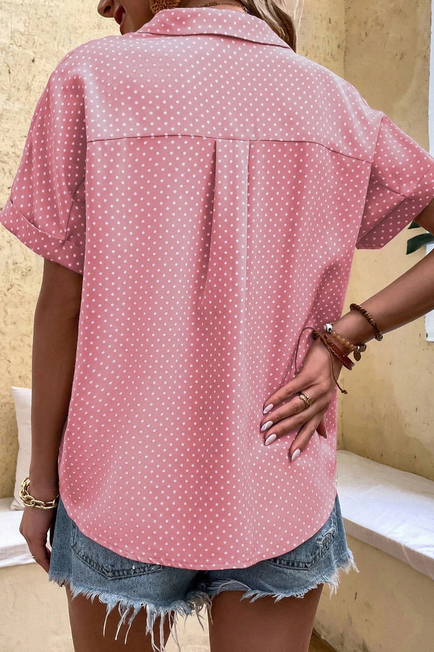 Emy - Dotted Print Cuffed Short Sleeve Shirt