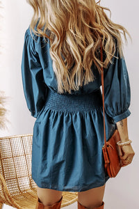 Tammy - Prussian Blue 3/4 Sleeve Shirred High Waist Buttoned Mini Dress