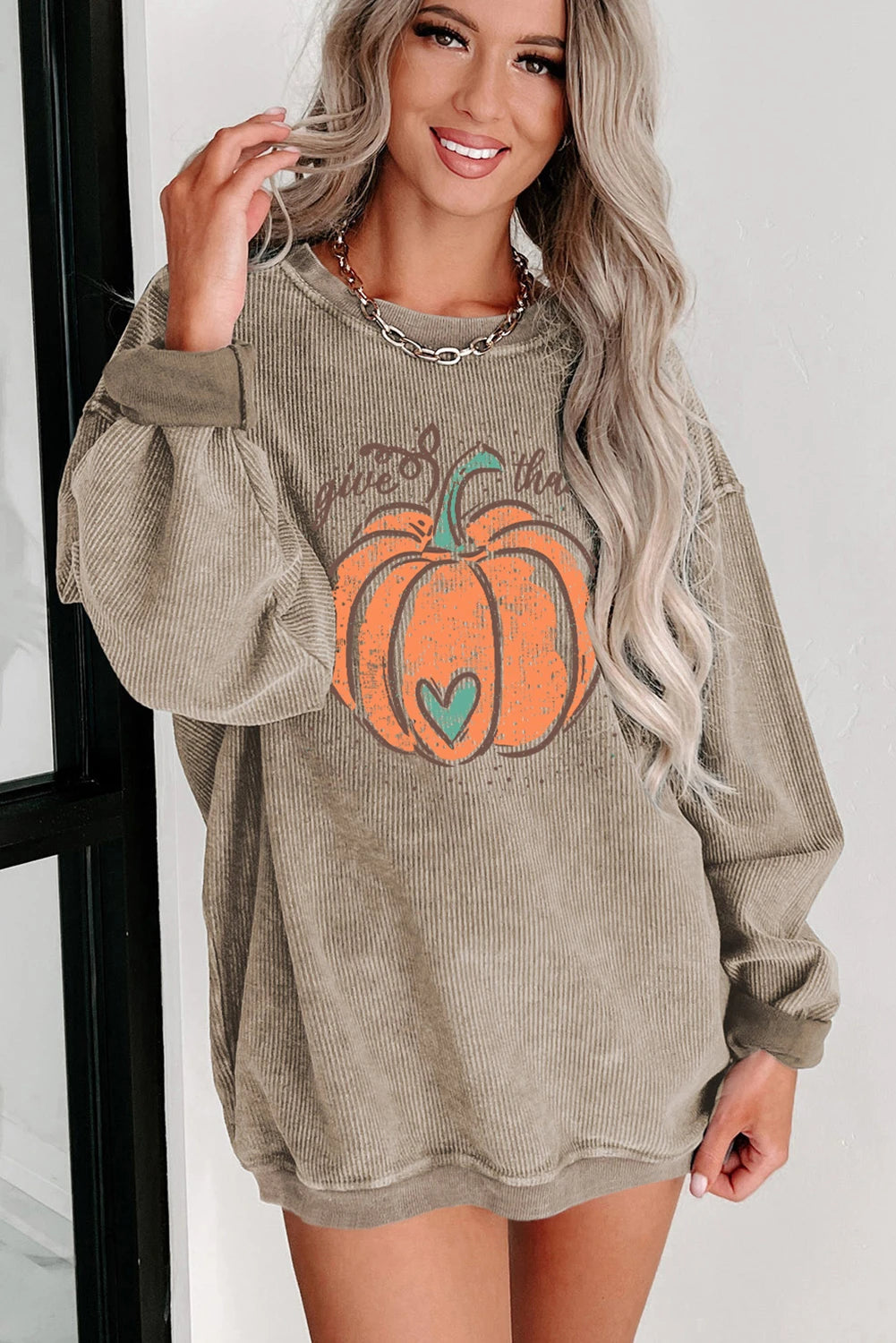 Janelle - Khaki Give Thanks Pumpkin Sweatshirt