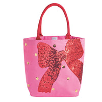 Mud Pie pink canvas tote with large red sequin bow