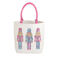 Mud Pie cream sequin nutcracker Christmas canvas tote with pink handles