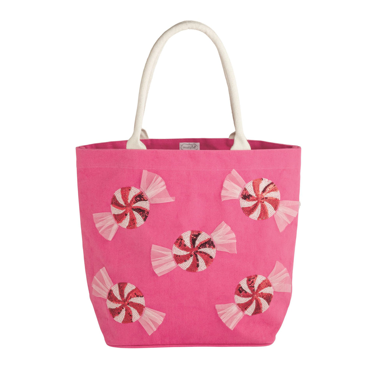 Mud Pie hot pink sequin peppermint Christmas canvas tote