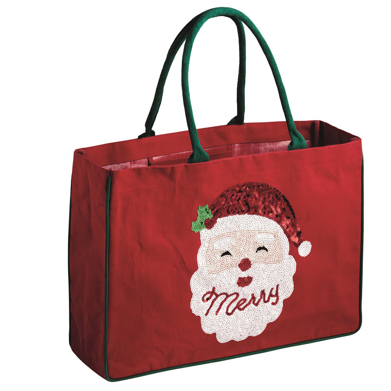 Mud Pie red canvas tote with beaded Santa face and Merry script