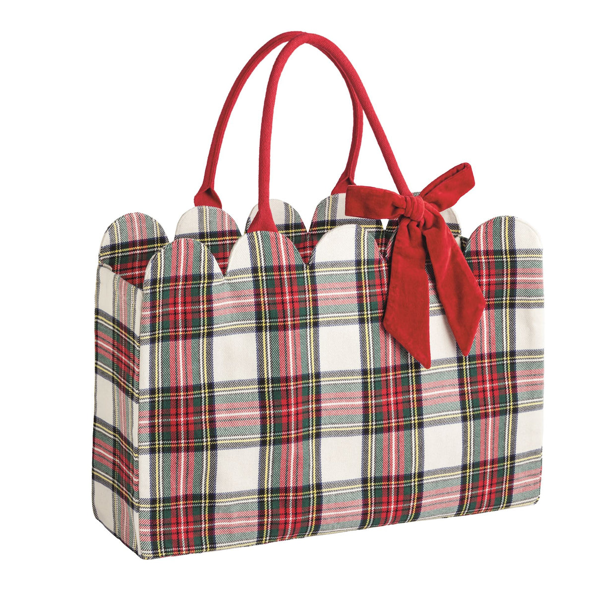 Mud Pie white tartan scallop edge tote with red handles and bow