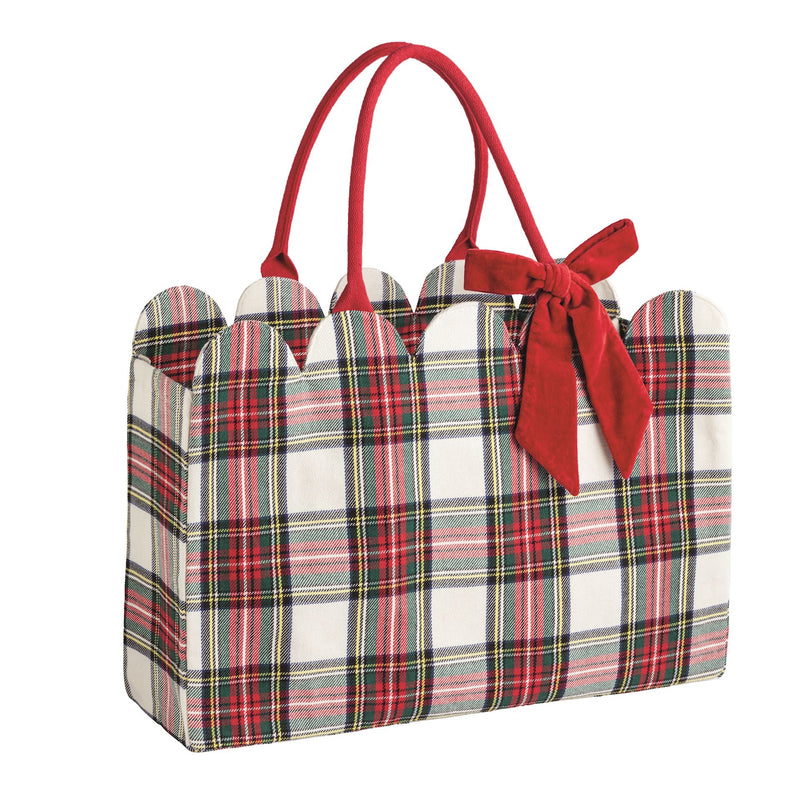 Mud Pie white tartan scallop edge tote with red handles and bow