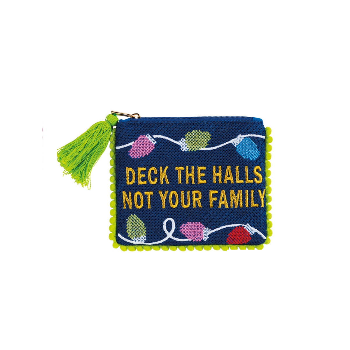 Mud Pie navy Deck The Halls Pom Case embroidered zip pouch with string lights and lime tassel