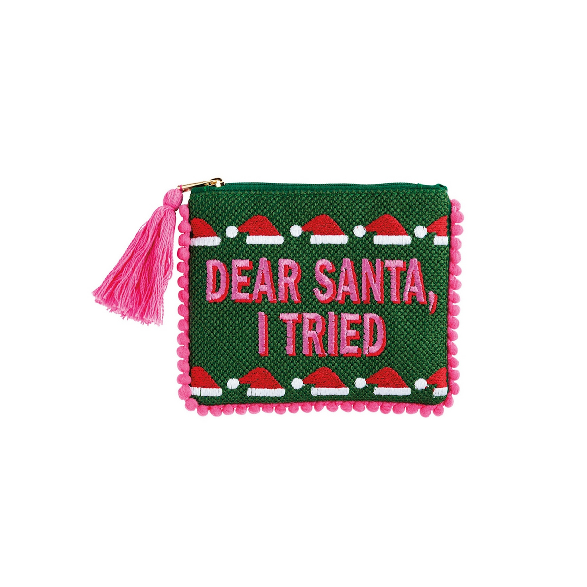 Mud Pie green Dear Santa Pom Case embroidered zip pouch with Santa hats and pink tassel