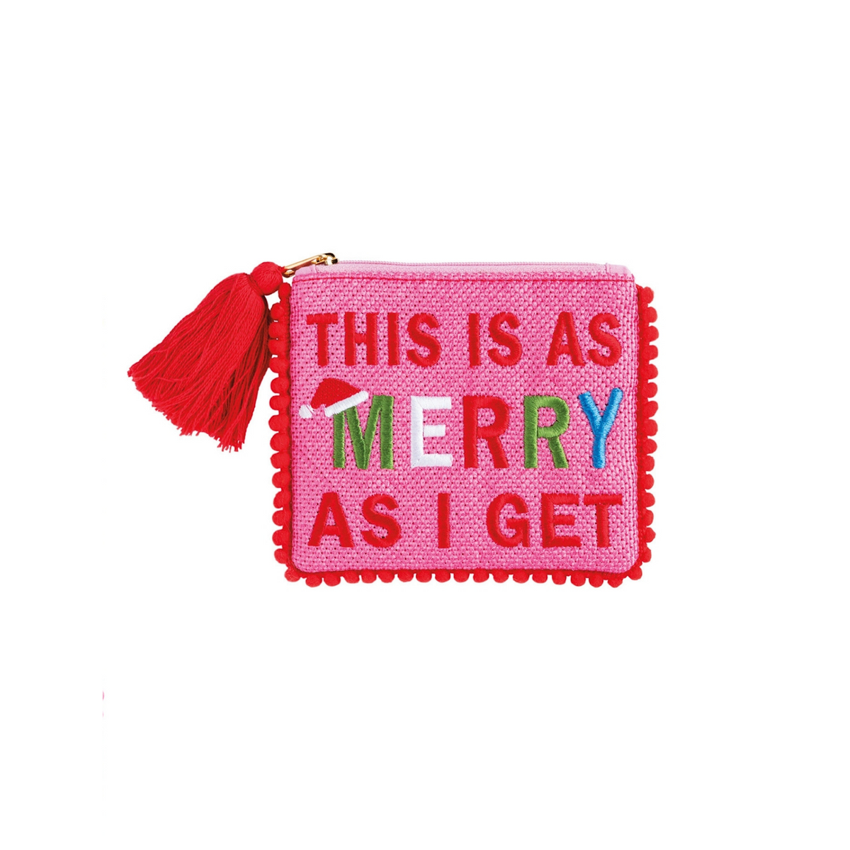 Mud Pie pink Merry Pom Case embroidered zip pouch with pom-pom trim and red tassel