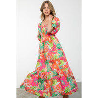 Massey - Puff Sleeve Floral Print Midi Dress