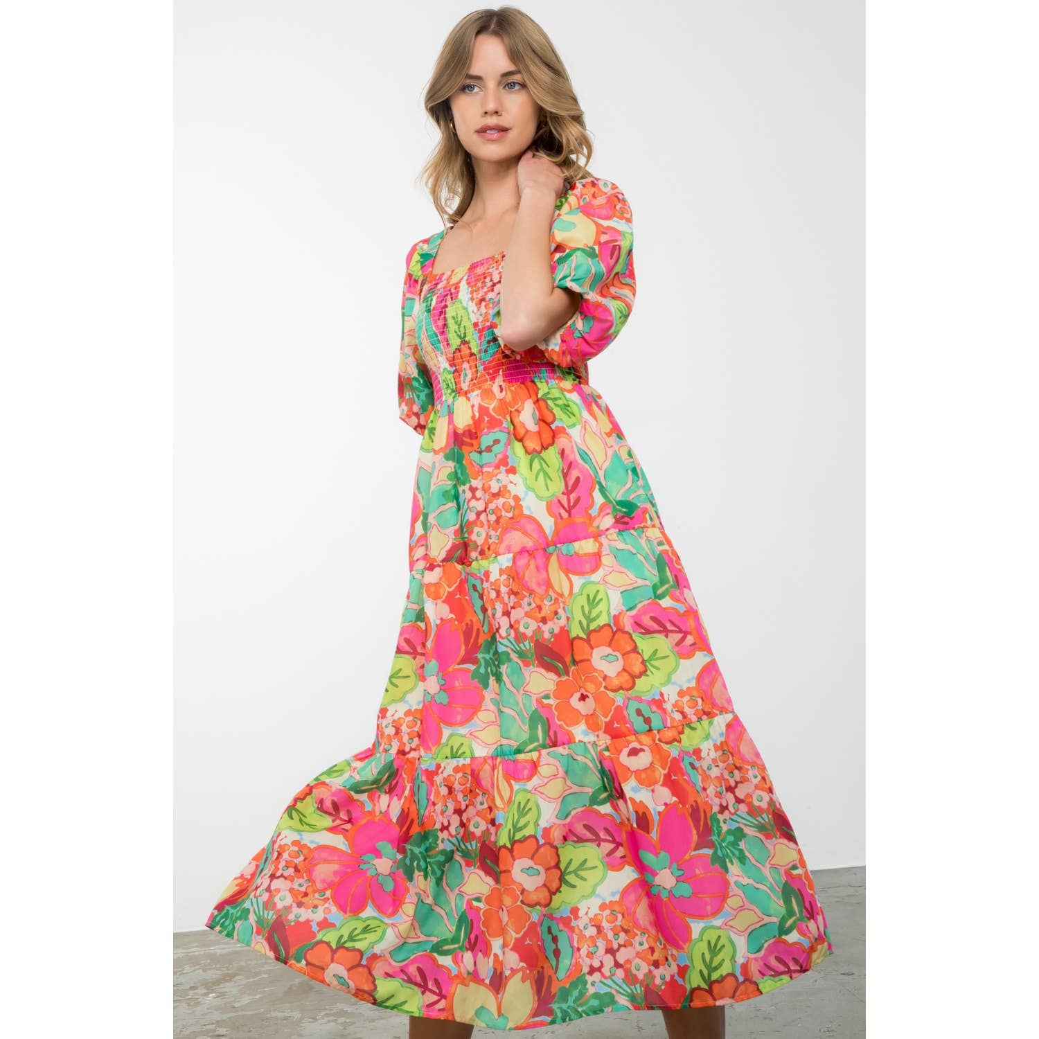 Massey - Puff Sleeve Floral Print Midi Dress