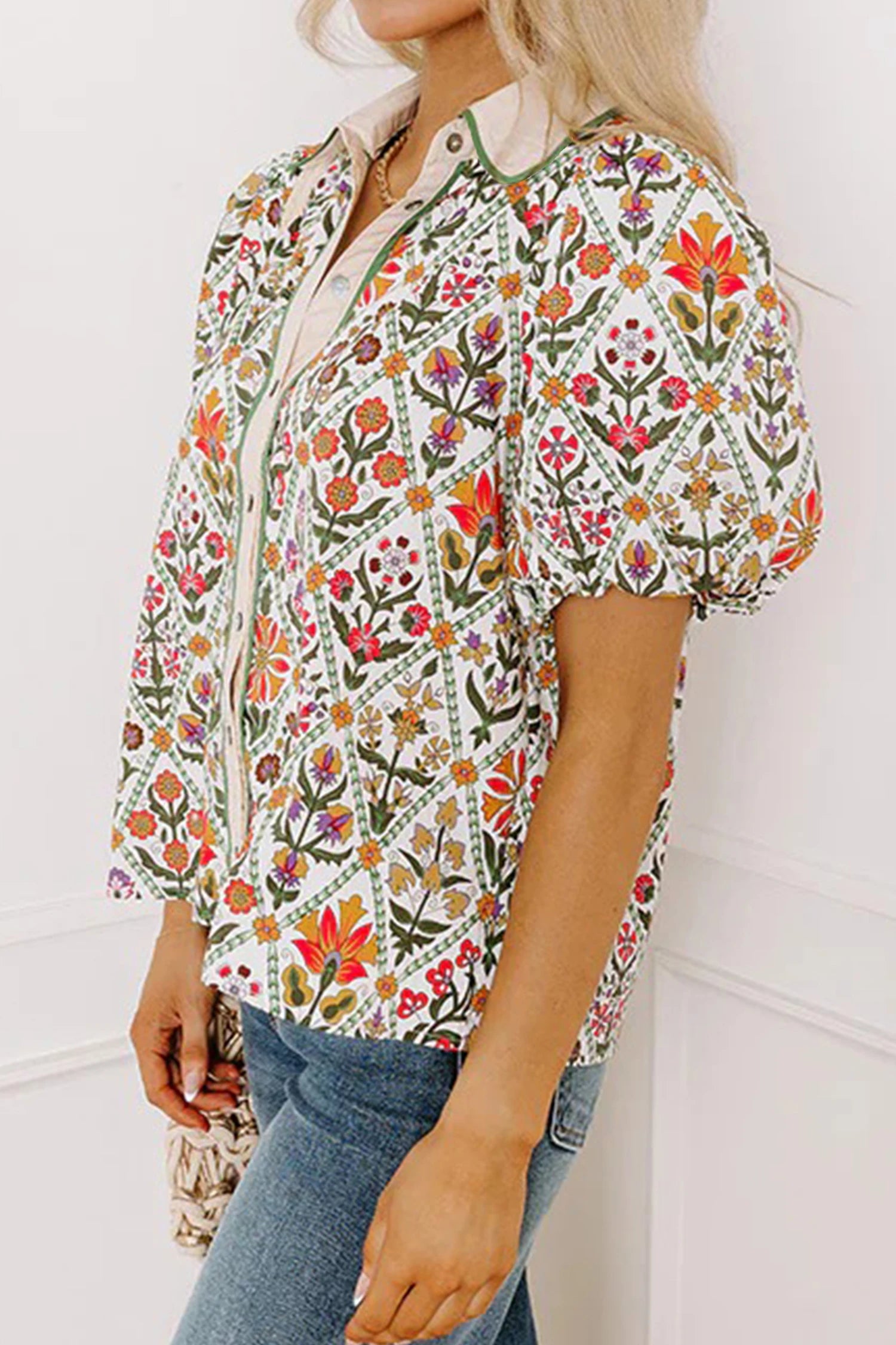 Elane - Green Short Bubble Sleeve Floral Shirt