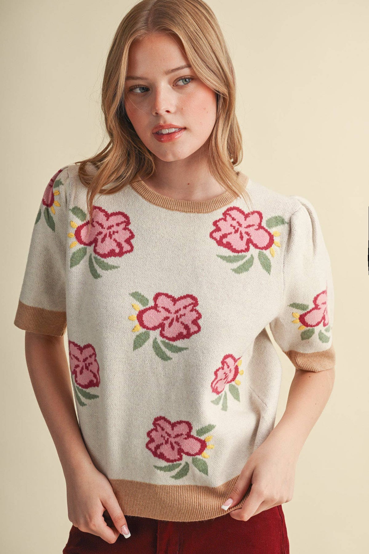SAVANNA - FLORAL KNIT SHORT SLEEVE SWEATER