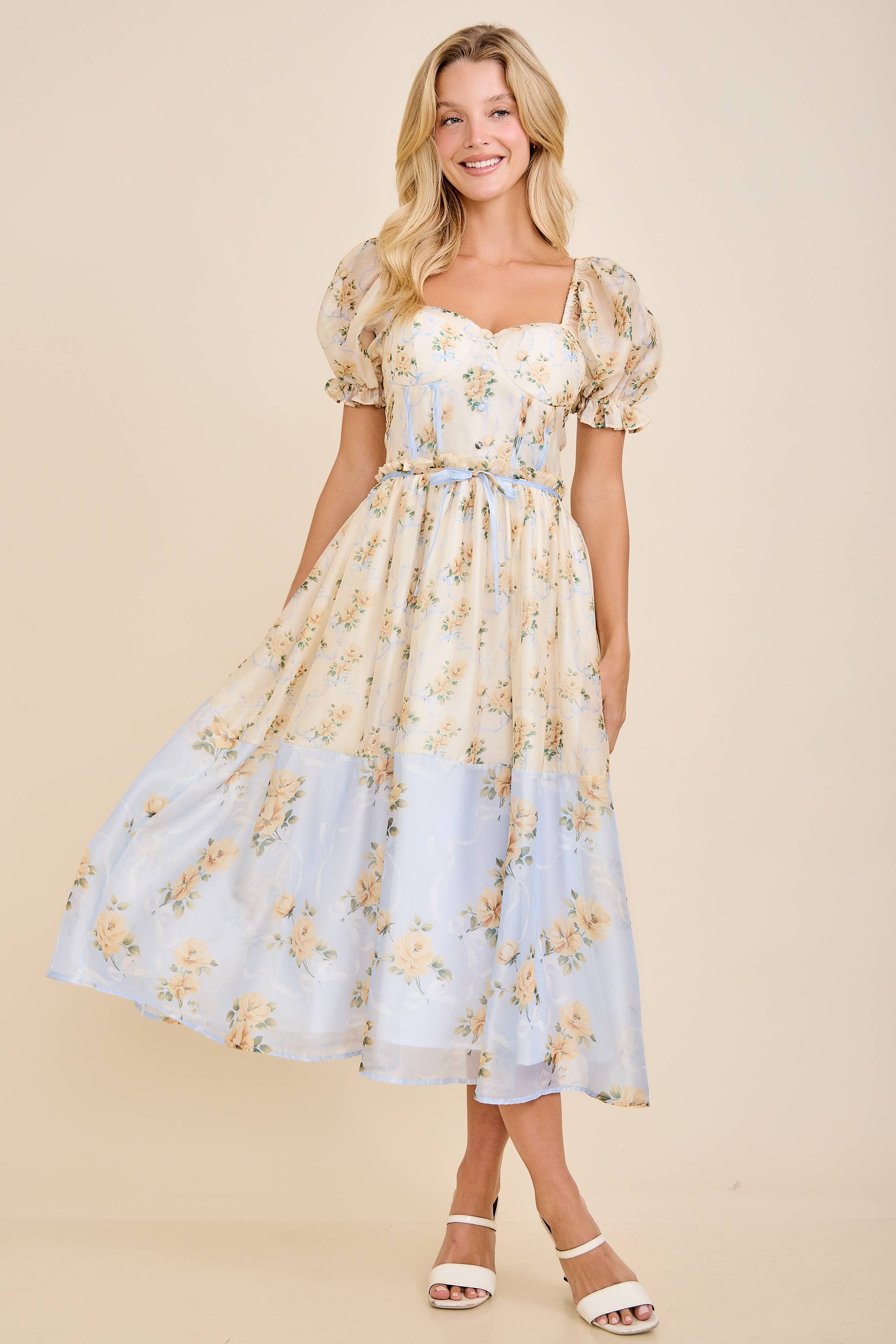 Cassy Floral print colorblock midi dress with puff short sleeves