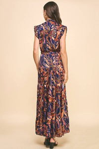 Navy Satin Print Maxi Dress