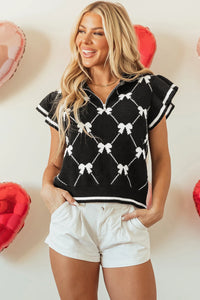 Heather- Black Chevron Pattern Bow Print Zipped Collar Sweater Top
