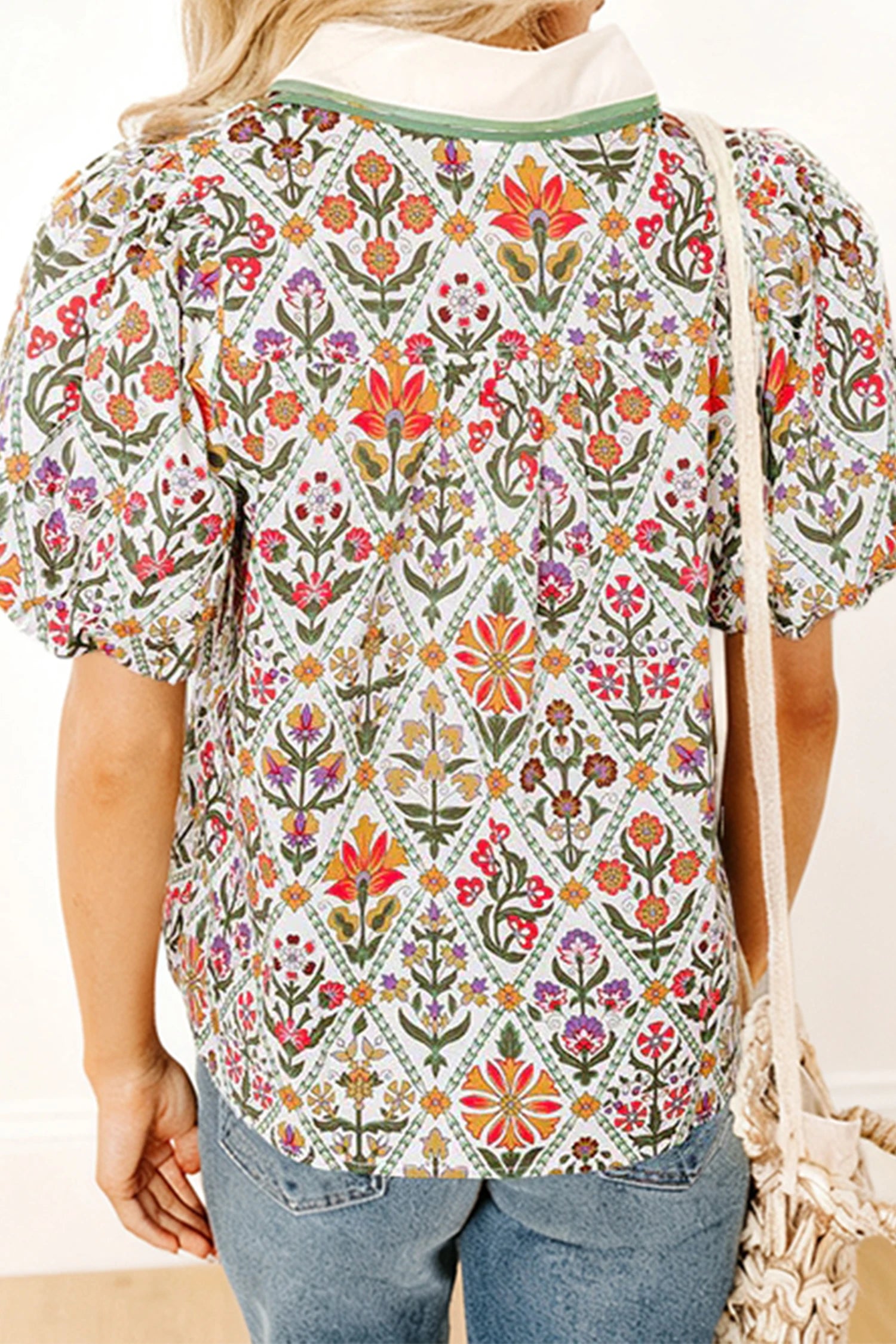 Elane - Green Short Bubble Sleeve Floral Shirt