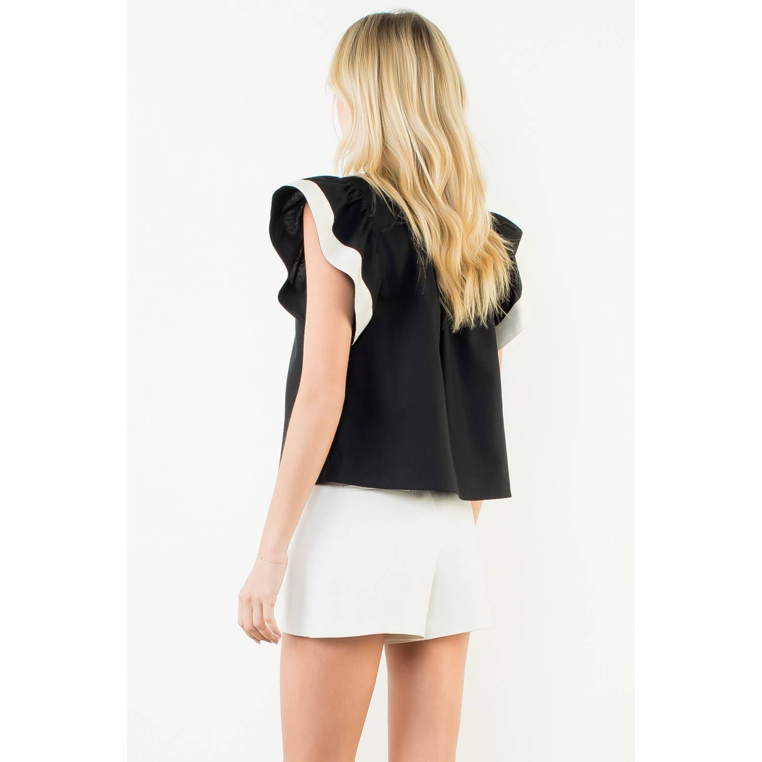 Rachel - Flutter Sleeve Contrast Trim V-Neck Top