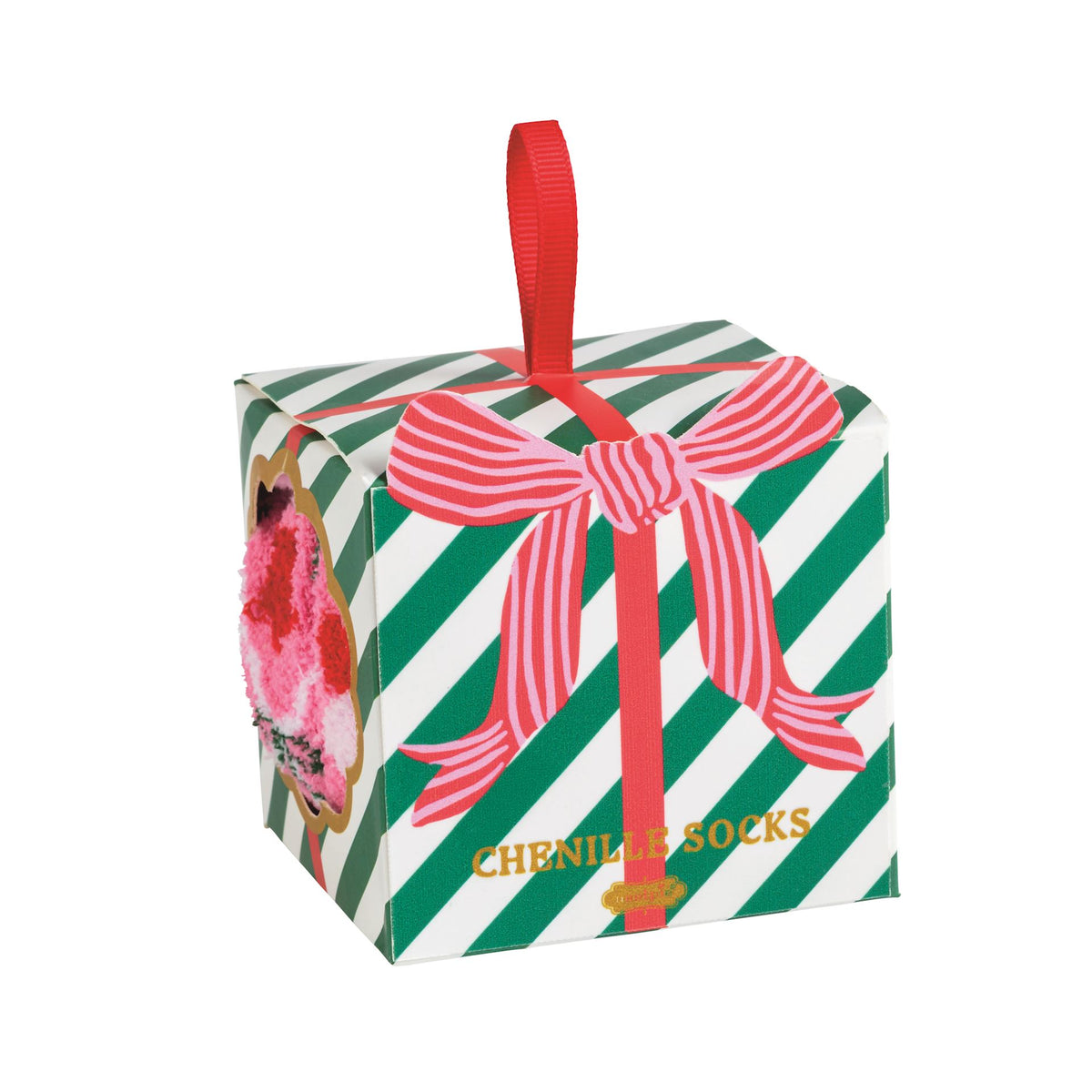 Mud Pie chenille holiday socks in a green striped gift box with pink bow