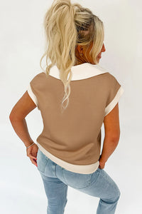 Kelsey - Taupe Half Zip Top – Collared Colorblock Short Sleeve Top, Women's Sporty Casual Quarter Zip