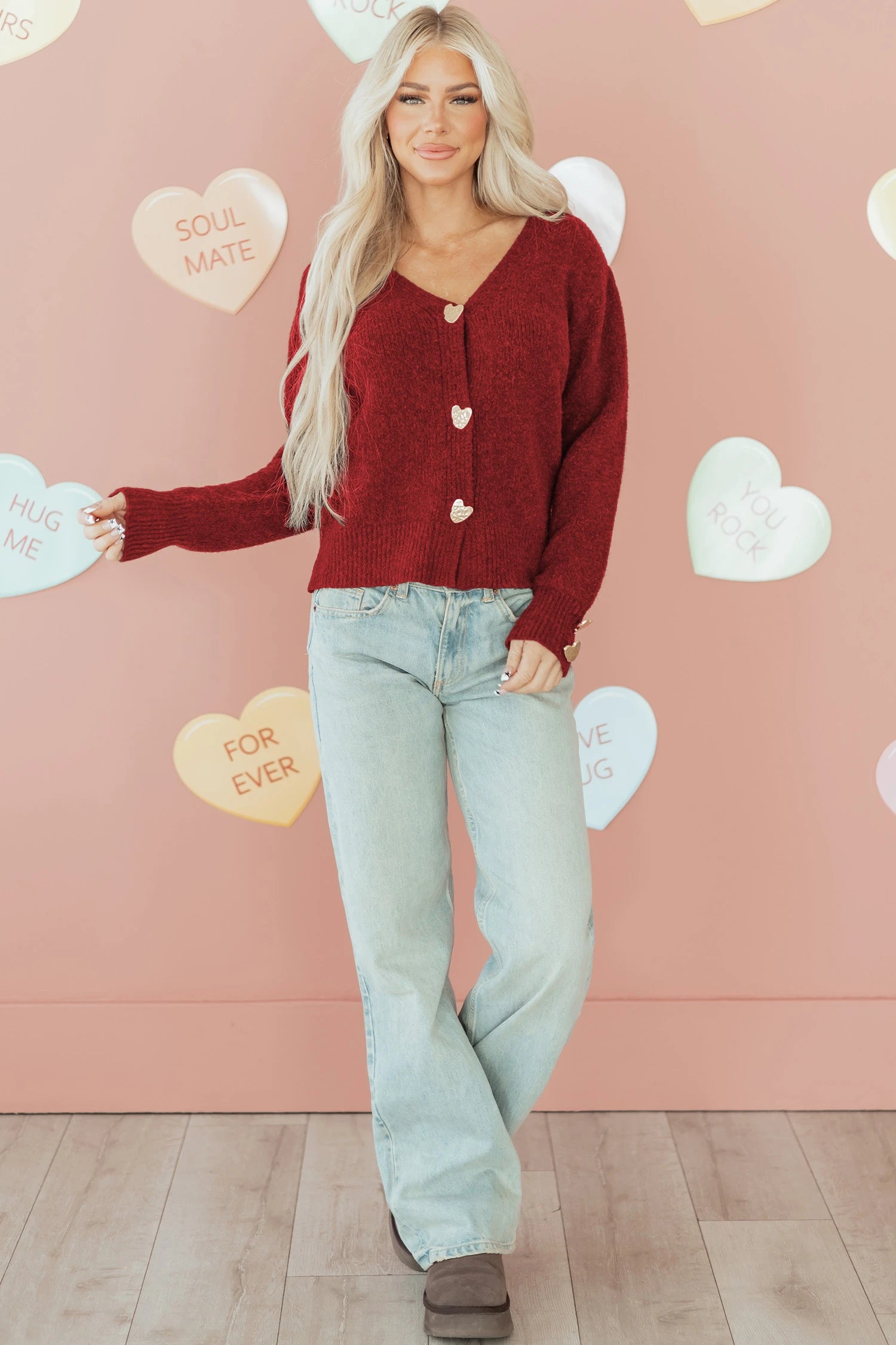 Margo - Red V-Neck Cardigan with Gold Heart Button